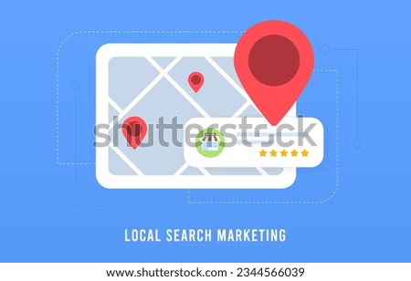 Geofencing Local Search Marketing. Digital marketing based on location, customer ratings and reviews. Local SEO for small businesses. Listings with maps, red pins, star ratings for local nearby place