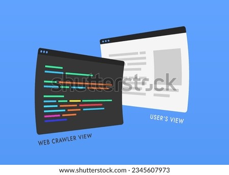 Comparison and difference in how search engine crawler spider bot and user sees web page. Crawler bot scans website as code, ignoring graphic styles and scripts. Isolated on blue background icons