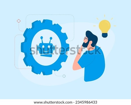 Businessman character considers AI trends, contemplating artificial intelligent bot creation for various business needs. Exploring AI Content Generation, Social Media Automation, SEO articles, Support