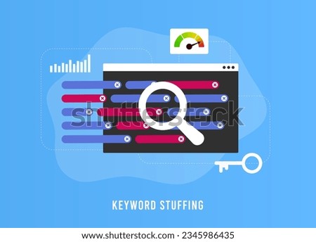 Keyword Spamming or stuffing - SEO Ranking Factor concept. Keyword stuffing and seo content spam checker service. Keywords optimization flat vector illustration isolated on blue background