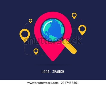 Local search optimization concept. Map with Red Pins and Magnifier Searching Nearby Small Businesses. SEO for Local Searches. Local search vector isolated illustration on black background with icons