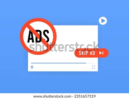 Video AD Blocker concept. Software or web extension for skipping or blocking video ads. Video advertising blocker vector isolated illustration on blue background with icons