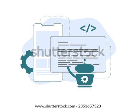 AI Coding Assistant Tools concept. Built generative AI-Powered mobile app. AI devops code writing vector isolated illustration on white background with icons