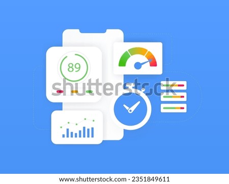 Website Speed Test concept. Technical seo for enhance web page speed. Interaction to Next Paint, Website loading speed vector isolated illustration on blue background with icons. 