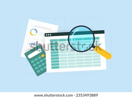 Professional Accounting and Finance Audit. Calculating Budget, Profit, Loss, Generating Reports and Graphs. Business Accountants with Tools. Vector isolated illustration on blue background with icons