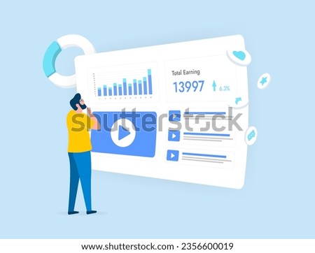 Video Analytics dashboard. Statistician and statistic concept. Number of video views, top videos, total money earned, audience engagement. Vector illustration isolated on white background with icons