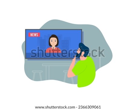 Lonely bearded man with glasses thoughtfully watches breaking live tv news. Kitchen interior. Spending time, rest, recreation with live news watching. Vector illustration isolated on white background