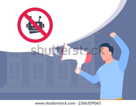 Man shouts negative slogans into megaphone aimed at anti artificial intelligence agenda. Fear of losing job to AI. Problems with job loss due to rapidly developing AI. Vector illustration with icons.