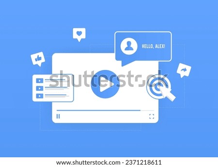 Personalized Video Content Marketing - created and customized video for specific individual viewer. Personalized video marketing vector isolated illustration on blue background with icons