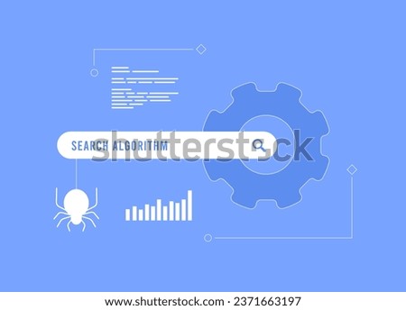 Searching Algorithms concept. Changing search engine algorithm for improve ranking results. Search algorithm update vector illustration on blue background with icons