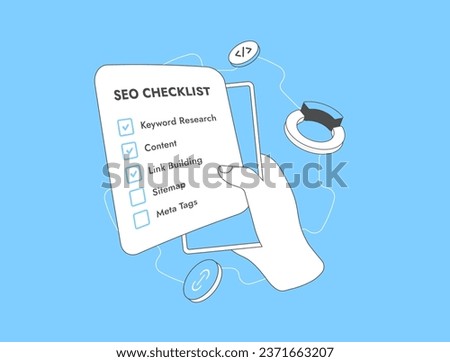 SEO checklist - Complete Task lists for website optimization concept. On-page SEO checklist vector illustration isolated on blue background with icons