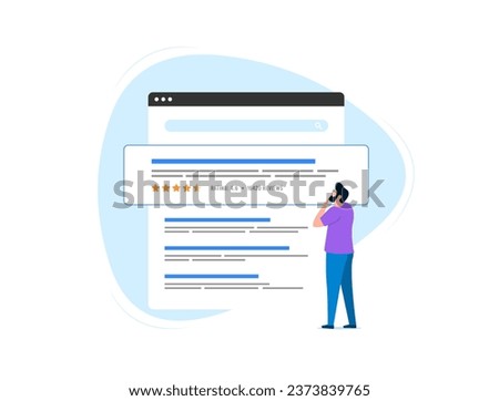 Review snippets concept. SERP Features and Rich Snippets based on customer reviews. Man studies search results and looks at site rating. Vector isolated illustration on white background with icons