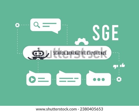 SGE - Search Generative Experience concept. Generative AI-powered search experience. Search generative experience vector isolated illustration on green background with icons