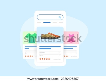 Shopping tab listings - search feature for finding and comparing online products, offering price, seller information, product results on top of search pages. Shopping tab vector illustration