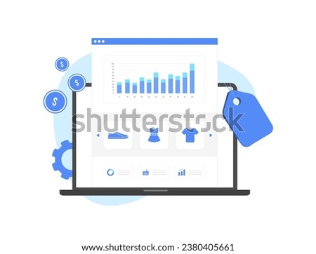 Merchant Center - platform that allows online retailers to upload product data for display on search engine services. Promote products online vector illustration isolated on white background