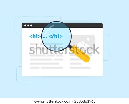 H1 SEO Title Tags concept. Optimize website headings for better search engine visibility. Technical on-page H1 Tags SEO optimization vector illustration isolated on blue background with icons
