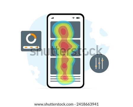 Mobile App Heatmap. Visualize user interactions within the app. Website SEO heat map analytics tool concept. Analyze finger movements and eye tracking heatmap for client behavior mobile devices
