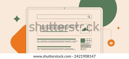 Search Generative Experience - AI search result concept. SGE - AI-powered search generative experience. Outline horizontal vintage color vector illustration, isolated on white background with icons