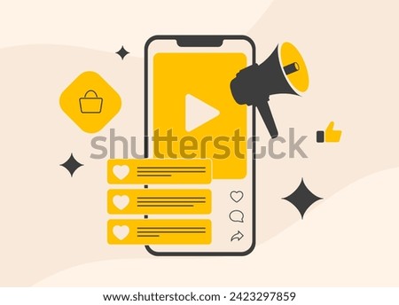 Social Selling. Targeted ads, Social Commerce and Digital Advertising through Influencers. Online presence with personalized programmatic ads for Social Shopping. Illustration isolated on white