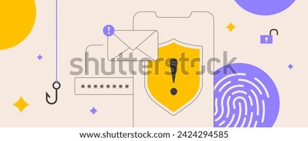 E-mail phishing, mobile fraud alert, scam malware notification concept. Protect from spam e-mail, hook trojan viruses and online threats. E-mail phishing vector illustration on white background