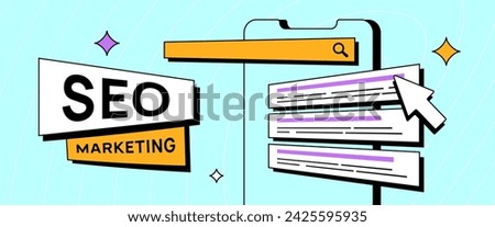 SEO Marketing digital strategy. Website seo ranking. Horizontal seo header with mobile phone, search bar and serp results. Neobrutalism design style vector illustration with icons on mint background