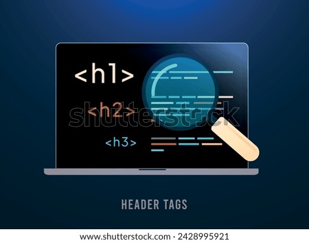 SEO header tags concept, website structure optimization, header tag hierarchy, on-page SEO, HTML tags, search engine optimization strategy, content organization. Vector illustration