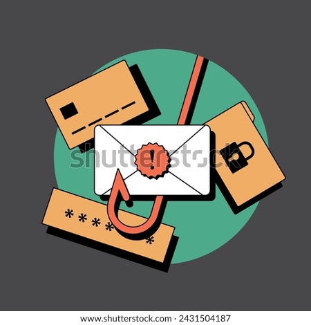 E-mail phishing icon. Fraud email alert, scam malware notification concept. E-mail phishing spam message with hook trojan viruses. Vector isolated illustration on black background with icons