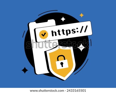 Secure website concept, HTTPS padlock, SSL certificate, internet security, https encrypted connection, online data protection. Https isolated vector illustration on blue background with icons