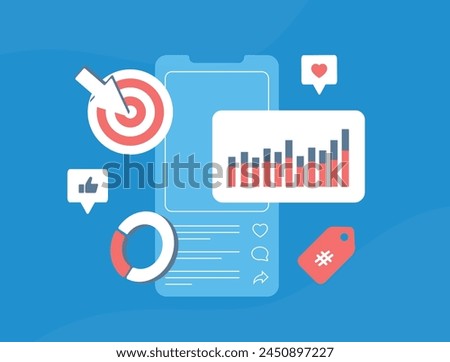 Social media metrics - insights into analytics, audience engagement and performance monitoring. Optimize smm strategy by tracking likes, shares, follower growth. Social Media Metrics illustration