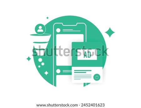 Social media ad revenue graph, advertising income chart, social media marketing funnel and earnings visualization, monetization statistics, digital advertising revenue analysis vector illustration