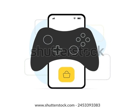 Mobile gaming purchase, in-app transactions concept. Gaming app payments, microtransactions in games, Purchasing upgrades, items and virtual goods. Joystick vector icon on mobile phone background