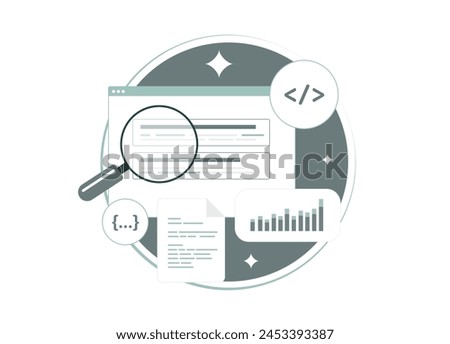 Technical SEO - audit, code optimization, improve ranking factors with on-page and off-page seo. Web site speed, mobile optimization, structured data and analytics. Vector illustration with icons