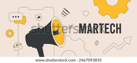 Martech solutions and technology marketing concept. Key trends include automation software, data analytics and marketing strategy integration. Martech ecosystem strategies vector header illustration