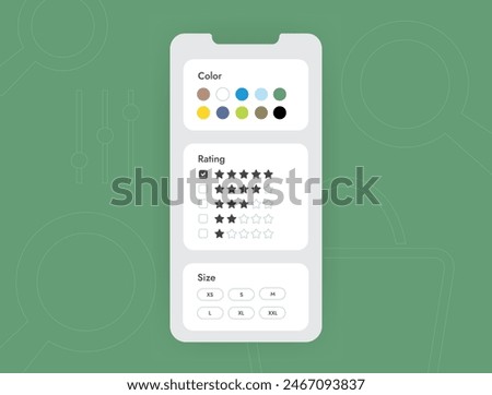 Search and Filtering of Marketplace Products. Advanced M-commerce Categorization and product filters. Flat vector illustration isolated on white background