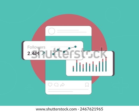 Social Media Engagement Rates for Tracking Followers Growth KPI Metrics. Audience engagement and performance monitoring. Social media followers flat vector illustration with icons