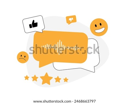 Voice of Customer - VoC data collects customer feedback. VoC analysis, survey and insights visual. Customer experience feedback flat vector illustration with icons. eCommerce Voice Search Optimization