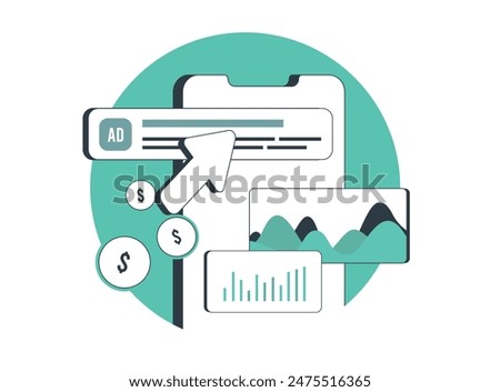 PPC analysis - key metrics to monitor pay per click advertising campaign success. Ppc analytics - track and measure digital ads campaign. Vector illustration with icons on white background