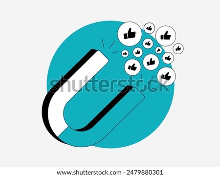 Social media engagement concept. Attracting likes with huge magnet. Customer acquisition, user retention strategy. Audience engagement flat vector isolated outline illustration with icons