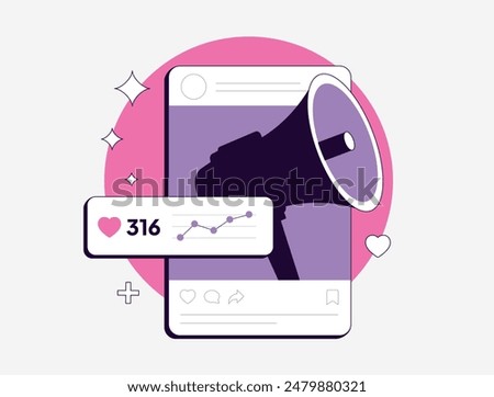 Social media engagement posts concept. Increase post engagement rates with infographics, video content stories, contests and giveaways. Social media engagement flat vector isolated illustration