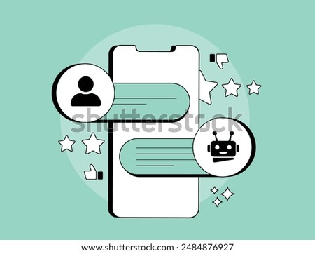 AI customer support with chatbots, automated responses, virtual assistants, machine learning. Natural language processing with customer service automation. Isolated flat vector illustration