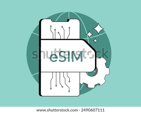 eSIM technology - digital SIM card for mobile phones. Embedded SIM for global roaming and smartphone network access. eSIM isolated flat modern vector illustration with icons