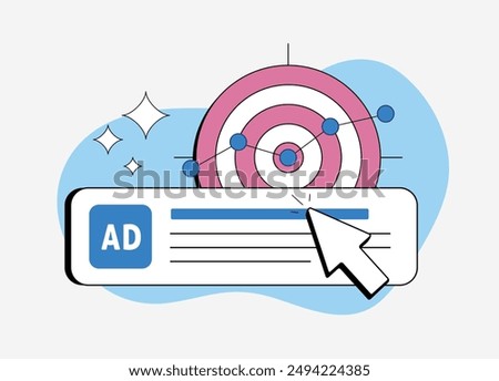 Digital marketing concept with PPC online advertising, promotion, traffic research and targeted ads with revenue chart. Pay Per Click Marketing, cursor clicks on targeted ppc ad. Vector Illustration