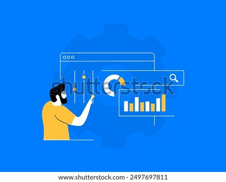 Search Engine Optimization - SEO digital marketing. Business finance investment planning strategy. Seo web report dashboard monitor. Modern outline linear illustration isolated on blue background.