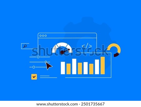 Website performance testing with speed checking, load time, technical seo optimization, analytics, site monitoring. Illustration for web development, SEO and digital performance analysis visuals