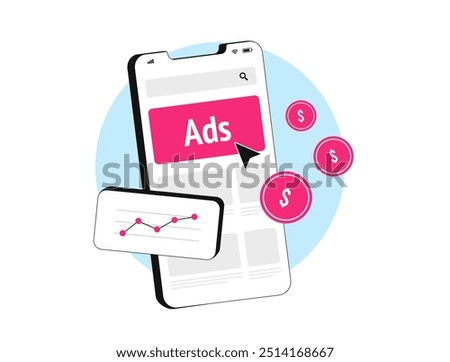 In-app ads with mobile advertising. Digital marketing strategy with user engagement, app monetization with targeted ads. For mobile games, banner video ads and revenue generation. Vector illustration