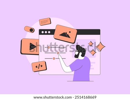 Website development process of building homepage layout HTML design. Web content creation for SEO, UI, UX design settings, coding, responsive web building using website builder. Vector illustration