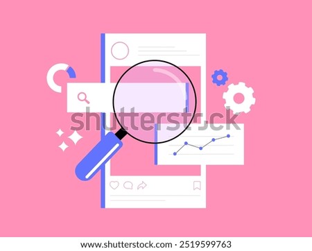 Social Media SEO - boost visibility and attract more users. Social media seo optimization content, alt text to post, using seo relevant hashtags. Descriptive captions with keyword. Vector illustration