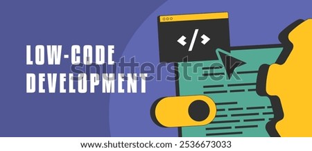 Low-code and no-code development banner shows how users can build apps without coding, boosting productivity and speeding up workflows. Empowering non-developers and simplifying web creation header