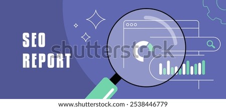 SEO report illustration for tracking data analysis, traffic, rankings and web site conversion rates. Banner or header for businesses aiming to improve SEO performance and boost website visibility.