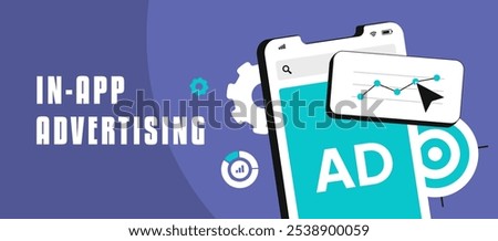 In-app mobile advertising banner with targeted ads for app monetization. Digital marketing strategy boosts user engagement, revenue with banner and video ads in mobile games. Vector illustration